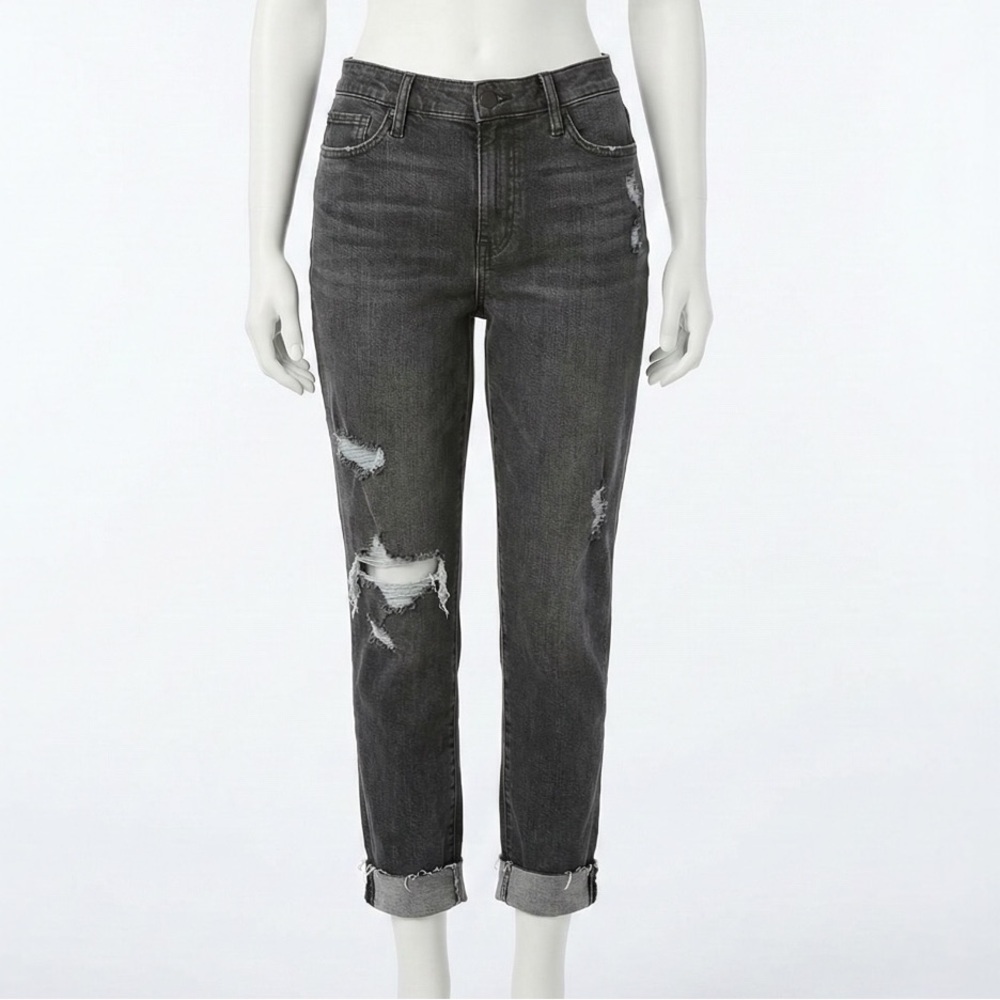 Ana Distressed Black Boyfriend Jeans Size 14 Cuffed High Rise Vintage Wash Denim